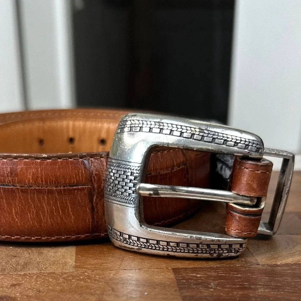 ONYX by Brighton Belt 38 Brown Croc Embossed‎ Leather Western Silver Buckle 1993